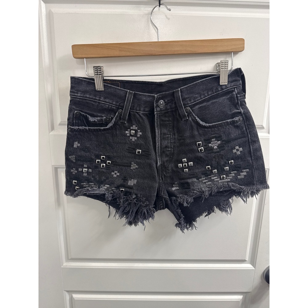 Levis 501 Womens Studded Embroidered Denim‎ Shorts Black Cut Off Size 26